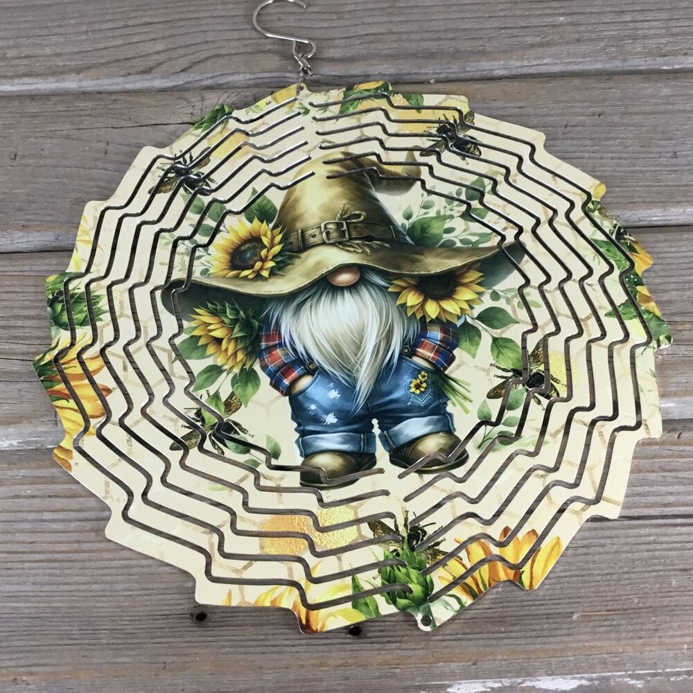 Sunflower Farmer Gnome Wind Spinner 10"